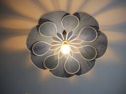 Flower Pendant Light in Linen, Rattan & Wood - Handmade Floral Ceiling Lamp Japandi Wabi Sabi Lighting Organic Modern Decor