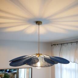 Flower Pendant Light in Linen, Rattan & Wood - Handmade Floral Ceiling Lamp Japandi Wabi Sabi Lighting Organic Modern Decor - thumbnail 4
