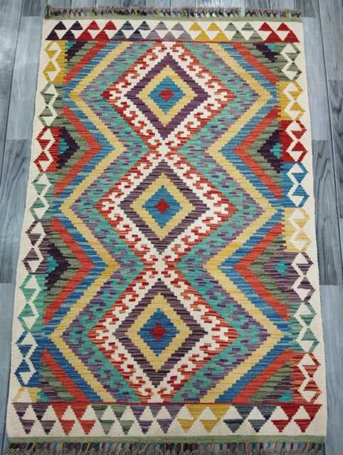 Multicolour Rug, Handmade Artisan Afghan Turkish Scandinavian Navajo Bohemian Flatweave Wool Kilim 153x102 cm - image 1
