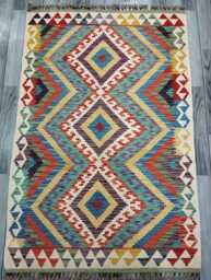 Multicolour Rug, Handmade Artisan Afghan Turkish Scandinavian Navajo Bohemian Flatweave Wool Kilim 153x102 cm - thumbnail 1