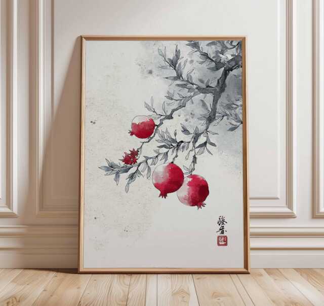 Japanese Pomegranate Print, Watercolor Botanical Wall Art, Asian Fruit Poster - image 1