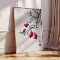 Japanese Pomegranate Print, Watercolor Botanical Wall Art, Asian Fruit Poster - thumbnail 2