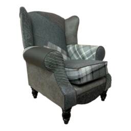 Patchwork Wingback Armchair Queen Anne Style, Solid Wood Legs