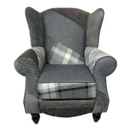 Patchwork Wingback Armchair Queen Anne Style, Solid Wood Legs - thumbnail 2
