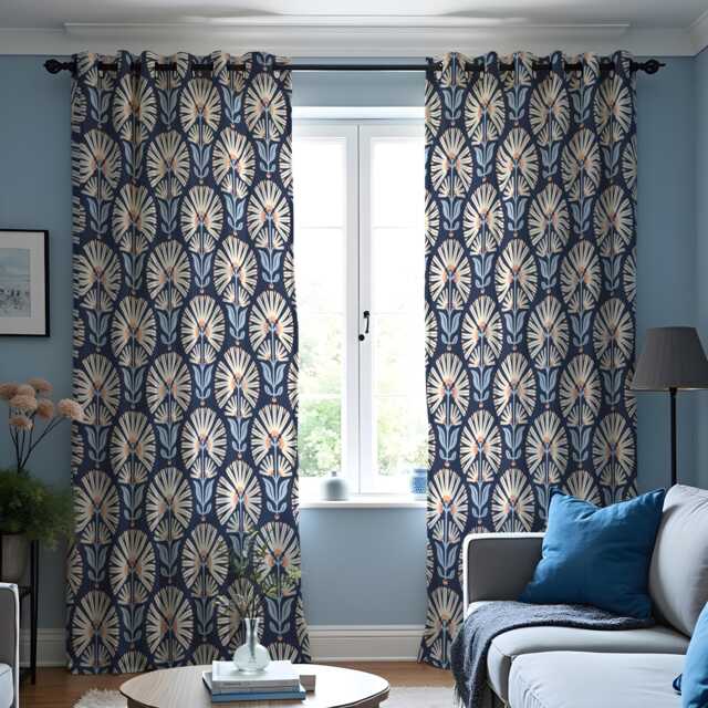 Navy Blue Art Deco Curtains, Retro Floral Print Drapes, Geometric Botanical Window Panels, Custom Made To Measure Curtains - image 1