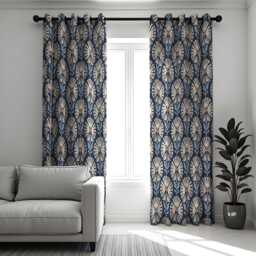 Navy Blue Art Deco Curtains, Retro Floral Print Drapes, Geometric Botanical Window Panels, Custom Made To Measure Curtains - thumbnail 2