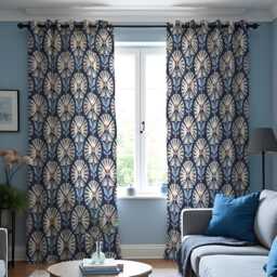 Navy Blue Art Deco Curtains, Retro Floral Print Drapes, Geometric Botanical Window Panels, Custom Made To Measure Curtains - thumbnail 1