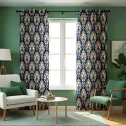 Navy Blue Art Deco Curtains, Retro Floral Print Drapes, Geometric Botanical Window Panels, Custom Made To Measure Curtains - thumbnail 4