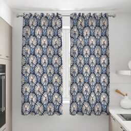 Navy Blue Art Deco Curtains, Retro Floral Print Drapes, Geometric Botanical Window Panels, Custom Made To Measure Curtains - thumbnail 3