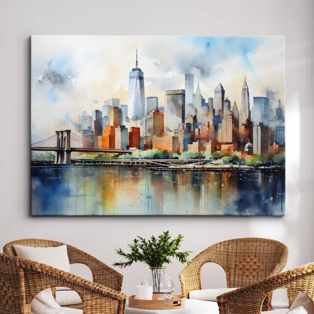 New York City Skyline Bridges Landmark Oil Painting Watercolor Wall Art Framed Calming Canvas Poster Print Home Office Room Decor Gifts - image 1