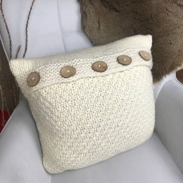 Chunky Knit Alpaca Wool Pillow Scandinavian Cream Cushion With Wooden Buttons - image 1