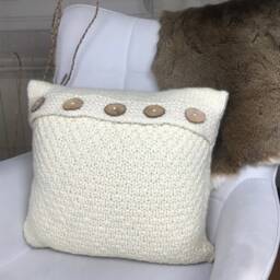 Chunky Knit Alpaca Wool Pillow Scandinavian Cream Cushion With Wooden Buttons - thumbnail 2