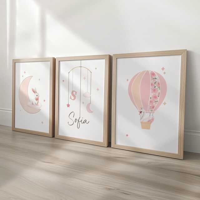 Bunny Personalised Nursery Wall Prints, Set Of 3 Custom Framed Girls Bedroom Decor, Kids Room Moon Hot Air Balloon Swan Pink Playroom Poster - image 1