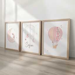 Bunny Personalised Nursery Wall Prints, Set Of 3 Custom Framed Girls Bedroom Decor, Kids Room Moon Hot Air Balloon Swan Pink Playroom Poster - thumbnail 1