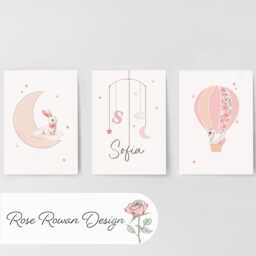 Bunny Personalised Nursery Wall Prints, Set Of 3 Custom Framed Girls Bedroom Decor, Kids Room Moon Hot Air Balloon Swan Pink Playroom Poster - thumbnail 3