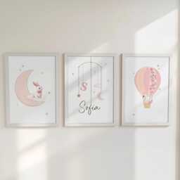 Bunny Personalised Nursery Wall Prints, Set Of 3 Custom Framed Girls Bedroom Decor, Kids Room Moon Hot Air Balloon Swan Pink Playroom Poster - thumbnail 2