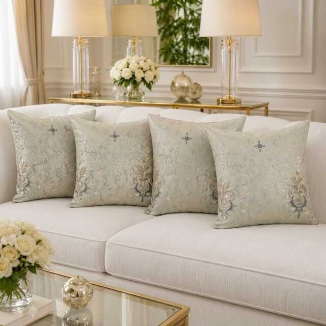 Luxury Cushion Covers Light Blue Sheen Set Of 4 Cream 18x18 - image 1