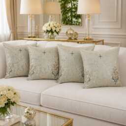 Luxury Cushion Covers Light Blue Sheen Set Of 4 Cream 18x18 - thumbnail 1