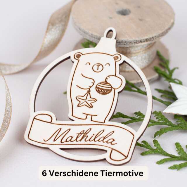 Personalized Christmas Tree Wooden Pendant With Animal Motif, Decoration Desired Name, Ball Made Of Wood - image 1