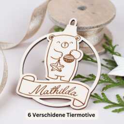Personalized Christmas Tree Wooden Pendant With Animal Motif, Decoration Desired Name, Ball Made Of Wood - thumbnail 1