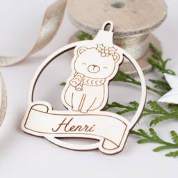 Personalized Christmas Tree Wooden Pendant With Animal Motif, Decoration Desired Name, Ball Made Of Wood - thumbnail 2