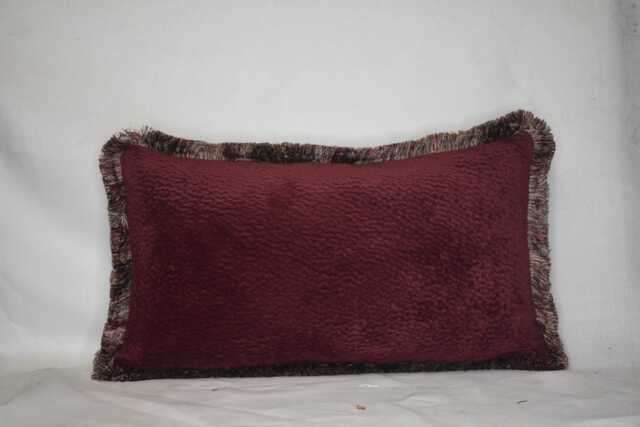 Burgundy Red Textured Solid Velvet Throw Pillow With Gold Fringe For Sofa Chair Or Couch Square - image 1