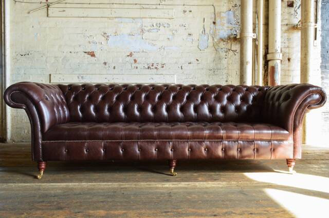 4 Seater Dark Brown Leather Chesterfield Sofa, British Handmade - image 1