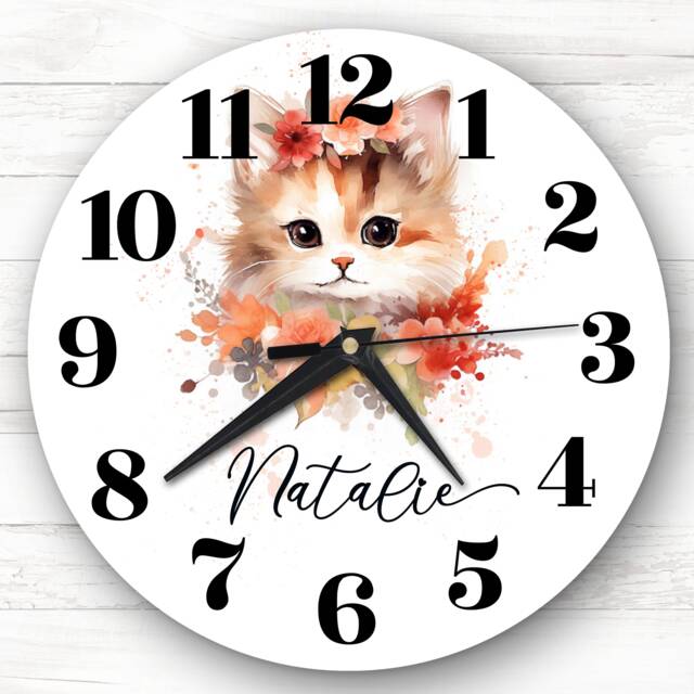 Cute Watercolour Floral Kitten Cat Girls Room Custom Gift Personalised Clock - image 1