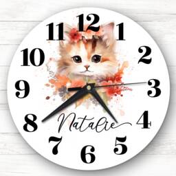 Cute Watercolour Floral Kitten Cat Girls Room Custom Gift Personalised Clock - thumbnail 1
