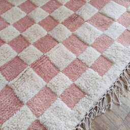 Hand Knotted Wool Rug, Pink Checkered Beni Ourain Style - thumbnail 3