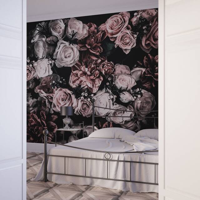 Floral Wallpaper, Dark Floral Wallpaper, Removable Wallpaper, Self Adhesive Wallpaper, Floral Wall Mural, Dark Mural, Peel & Stick Mural, Bouquet - image 1