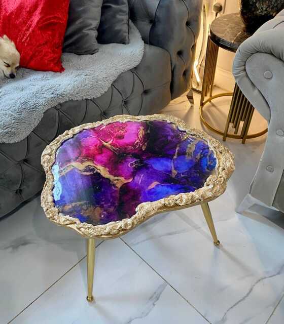 Handmade Purple Geode Resin Coffee Table, Gold Accent Art Furniture Legs - image 1