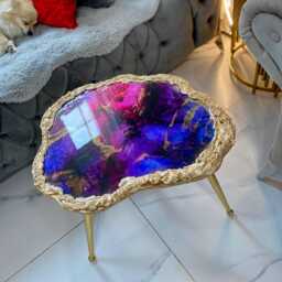Handmade Purple Geode Resin Coffee Table, Gold Accent Art Furniture Legs - thumbnail 3