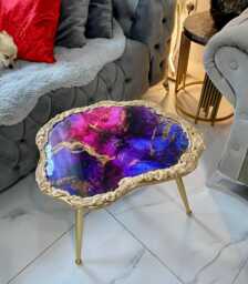 Handmade Purple Geode Resin Coffee Table, Gold Accent Art Furniture Legs - thumbnail 1