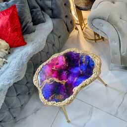 Handmade Purple Geode Resin Coffee Table, Gold Accent Art Furniture Legs - thumbnail 2