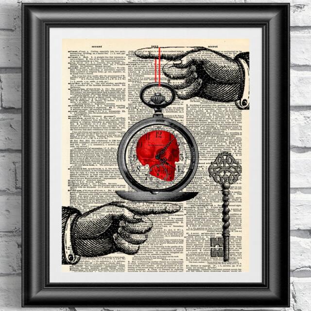 steampunk Red Skull Watch Art Print Gothic Dictionary Book Page - image 1