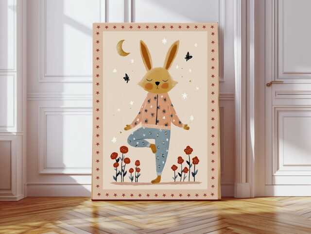 Yoga Nursery Wall Art, Retro Kids Decor Quote, Art Genre Neutral, Baby Illustration Print, Bunny Rabbit - image 1