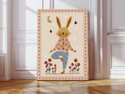 Yoga Nursery Wall Art, Retro Kids Decor Quote, Art Genre Neutral, Baby Illustration Print, Bunny Rabbit - thumbnail 1