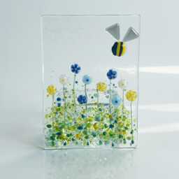 Fused Glass Flowers & Bee Tealight Holder Handmade Candle Gift - thumbnail 3