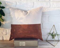 Terracotta Faux Leather & Linen Pillow Cover Color Block Design - thumbnail 1