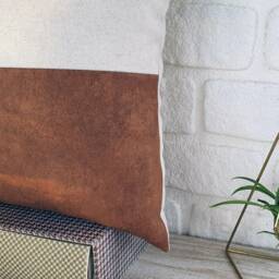 Terracotta Faux Leather & Linen Pillow Cover Color Block Design - thumbnail 3
