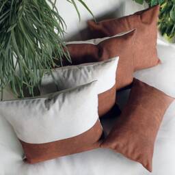 Terracotta Faux Leather & Linen Pillow Cover Color Block Design - thumbnail 4
