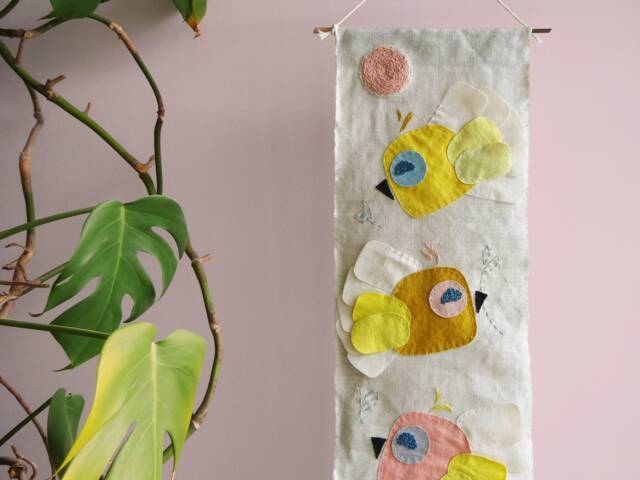 Decorative Linen Wall Hanging For Children's Or Baby's Room With Animal Bird Pattern, Natural Fibers, Handmade - image 1