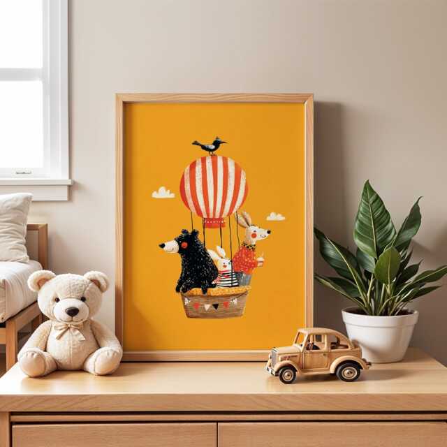 Animals in Hot Air Balloon Print - Nursery Poster Bear, Rabbit, Dog & Bird Illustration Wall Art Cute Animal Adventure - image 1