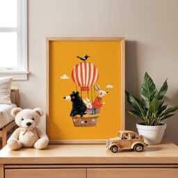 Animals in Hot Air Balloon Print - Nursery Poster Bear, Rabbit, Dog & Bird Illustration Wall Art Cute Animal Adventure - thumbnail 1