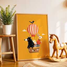 Animals in Hot Air Balloon Print - Nursery Poster Bear, Rabbit, Dog & Bird Illustration Wall Art Cute Animal Adventure - thumbnail 2
