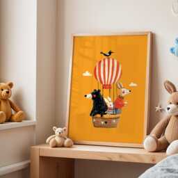 Animals in Hot Air Balloon Print - Nursery Poster Bear, Rabbit, Dog & Bird Illustration Wall Art Cute Animal Adventure - thumbnail 3