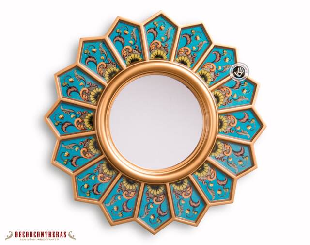 Handmade Turquoise Round Mirror Wall Decor - Peruvian Painted Glass Decorative Mirrors Unique Home Gifts Housewarming Gift - image 1
