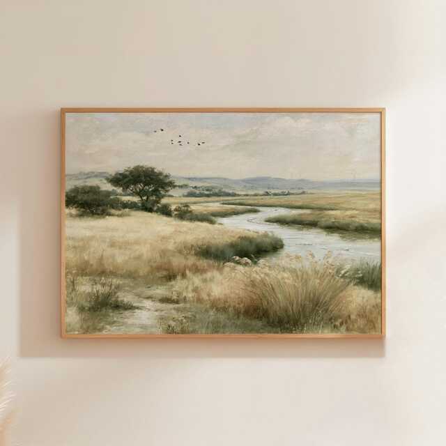 Meadow River Poster, Neutral Landscape Print, Country Wall Art, Paper - image 1