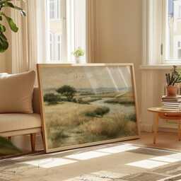 Meadow River Poster, Neutral Landscape Print, Country Wall Art, Paper - thumbnail 3